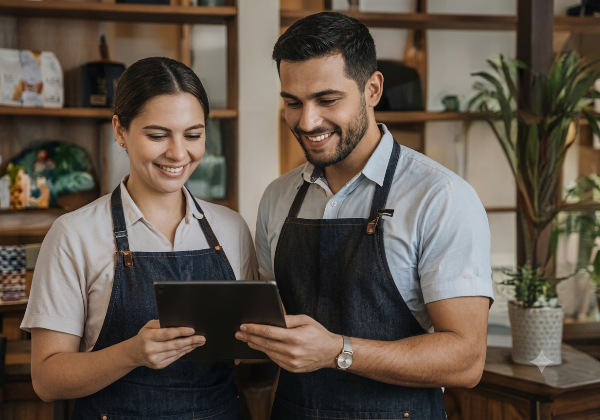 Equipo de un restaurante usando Chasqbot en una tablet