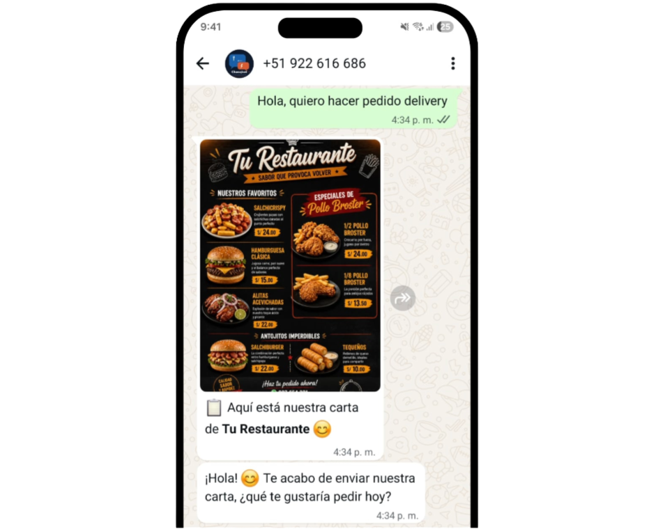 Chat de WhatsApp de Chasqbot recibiendo un pedido