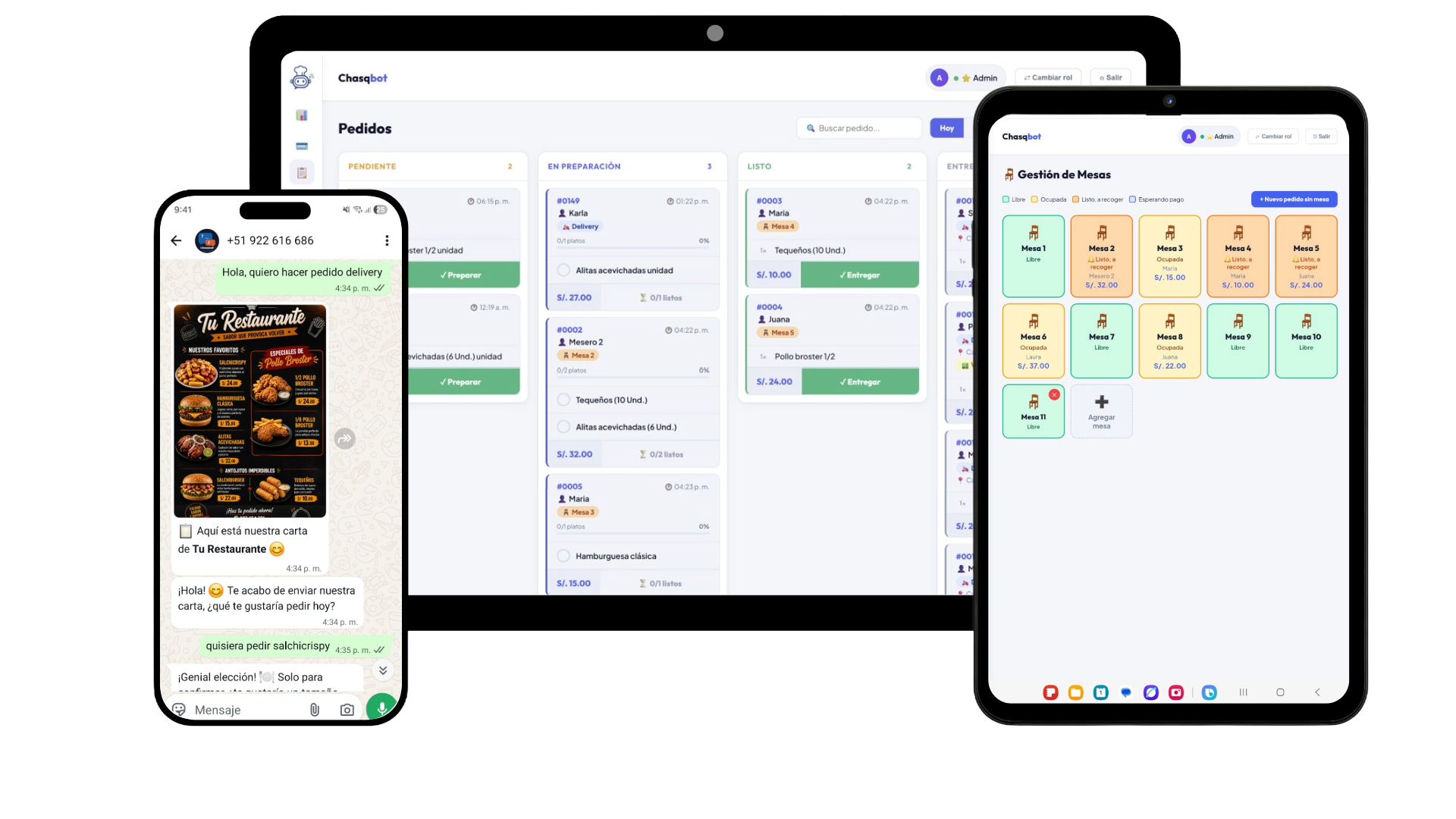 Panel de pedidos, gestión de mesas y chat de WhatsApp de Chasqbot en tablet y celular